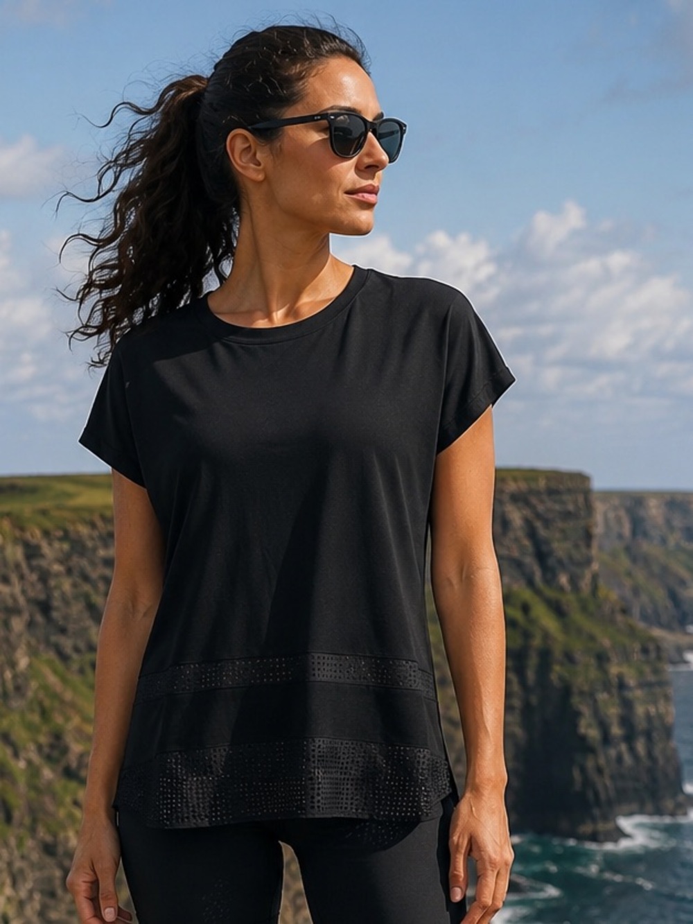 Black Short Sleeve Top with Mesh Detail